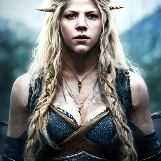 Prompt: portrait art of katheryn winnick, lagertha, vikings, 8 k ultra realistic, lens flare, atmosphere, glow, detailed, intricate, full of colour, cinematic lighting, trending on artstation, 4 k, hyperrealistic, focused, extreme details, unreal engine 5, cinematic, masterpiece