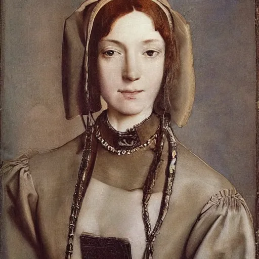 Image similar to skudy of a pretty young woman. exceptional lighting highlights her faces features by hans holbein the younger.