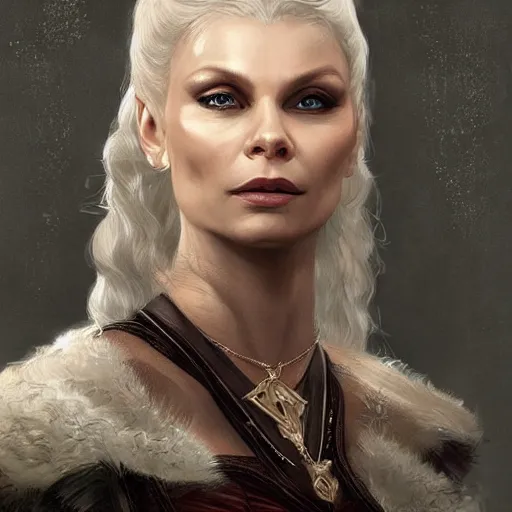 Image similar to myanna buring as tissaia de vries from the witcher show, urban motifs, intricate, elegant, highly detailed, digital painting, trending on artstation, concept art, smooth sharp focus, illustration, art by artgerm and greg rutkowski