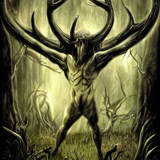 Prompt: the soul thief, dark forest, fantasy world, mystical physique with antlers, wide shot view