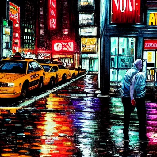 Image similar to « a man walking in a night raining streets, new york, big city, taxi, cars, shops one the side with neons, digital art, highly detailed »