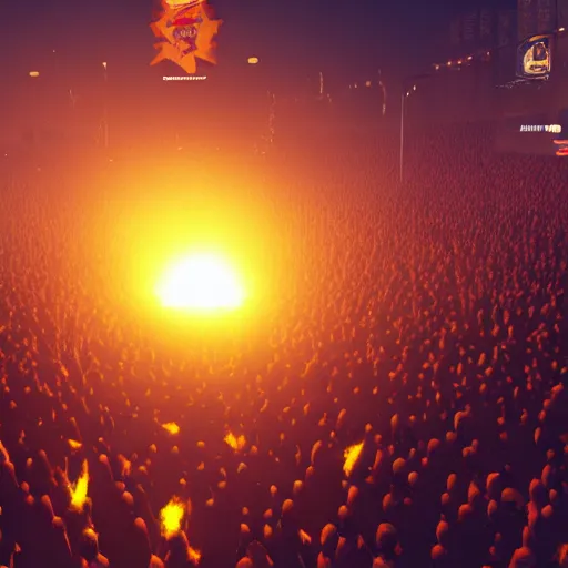 Image similar to the biggest mosh pit in the world, punks throwing Molotovs in the air, fighting, flame and fire, glowing upside cross, cinematic, epic, volumetric, godrays, dynamic lighting, dust flying up into the air, people shooting into the air with guns, octane render, photorealistic, unreal engine, artstation, artstation trending, artstation hq, artstation hd, Pinterest, 8k, ultra detailed, ultra realistic,