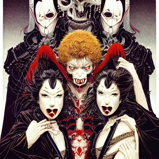 Image similar to portrait of vampire kiss, symmetrical, by yoichi hatakenaka, masamune shirow, josan gonzales and dan mumford, ayami kojima, takato yamamoto, barclay shaw, karol bak, yukito kishiro