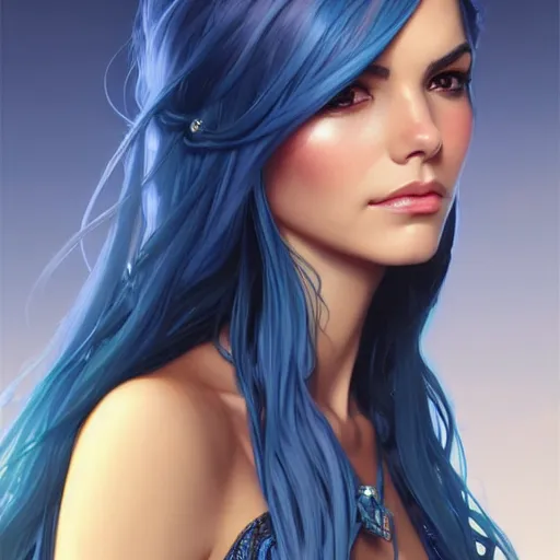 Image similar to A combination of Victoria Justice's and Odette Annable's faces with blue hair, western, D&D, fantasy, intricate, elegant, highly detailed, digital painting, artstation, concept art, matte, sharp focus, illustration, art by Artgerm and Greg Rutkowski and Alphonse Mucha