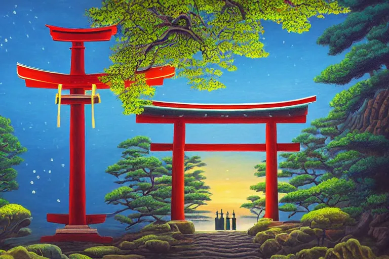 Prompt: a painting in the style of rob gonsalves of a beautiful large shinto shrine with a torii in a natural setting, soft lighting, seasonal weather, under the sea