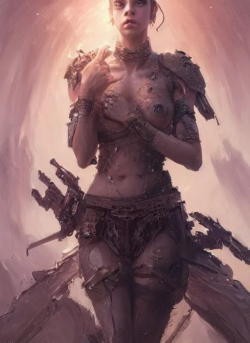 Image similar to a professional portrait of a beautiful young female, clothed in ethereal battle armor, olive skin, long dark hair, beautiful bone structure, symmetrical facial features, intricate, elegant, digital painting, concept art, smooth, sharp focus, finely detailed, illustration, from Valerian and the City of a Thousand Planets, in the style of Ruan Jia and Mandy Jurgens and Artgerm and Greg Rutkowski and William-Adolphe Bouguerea