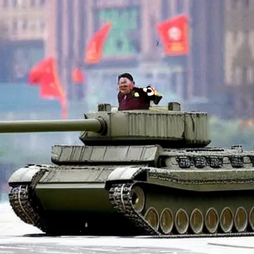 Prompt: Kim Jong-un as huge tank destroys new york city