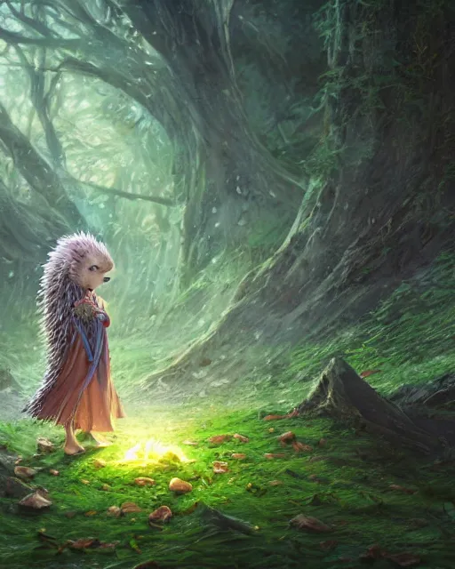 Image similar to Hedgehog magus, gaia, nature, fairy, forest background, magic the gathering artwork, D&D, fantasy, cinematic lighting, centered, symmetrical, highly detailed, digital painting, artstation, concept art, smooth, sharp focus, illustration, volumetric lighting, epic Composition, 8k, art by Akihiko Yoshida and Greg Rutkowski and Craig Mullins, oil painting, cgsociety