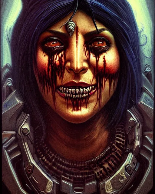 Image similar to pharah from overwatch, monster, character portrait, portrait, close up, concept art, intricate details, highly detailed, horror poster, horror, vintage horror art, realistic, terrifying, in the style of michael whelan, beksinski, and gustave dore