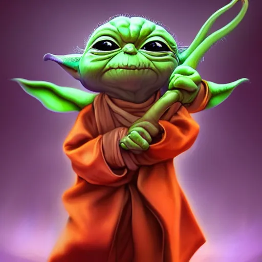 Image similar to digital illustion of grogu with a long orange and purple snake tail, baby yoda, deviantArt, artstation, artstation hq, hd, 4k resolution