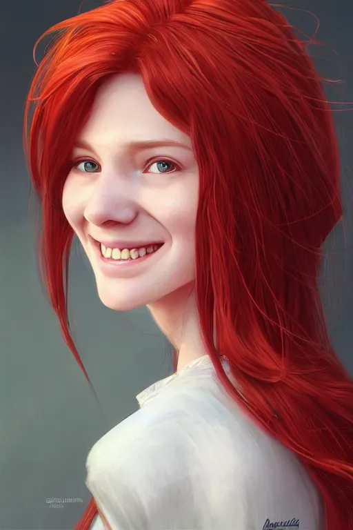 Image similar to ultra realistic style illustration of a cute red haired young woman smiling, 1 9 year old, headshot, sci - fi, fantasy, intricate, elegant, digital painting, artstation, concept art, smooth, sharp focus, illustration, 8 k frostbite 3 engine, ultra detailed, art by artgerm and greg rutkowski and magali villeneuve