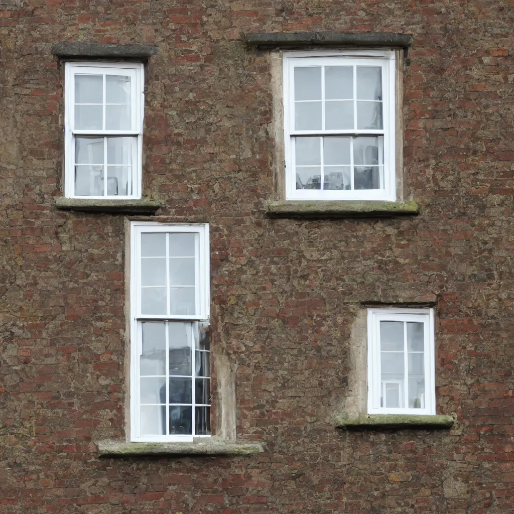 Image similar to single triangular or round sash window on a british wall, surprised and perplexed builders standing in front of it