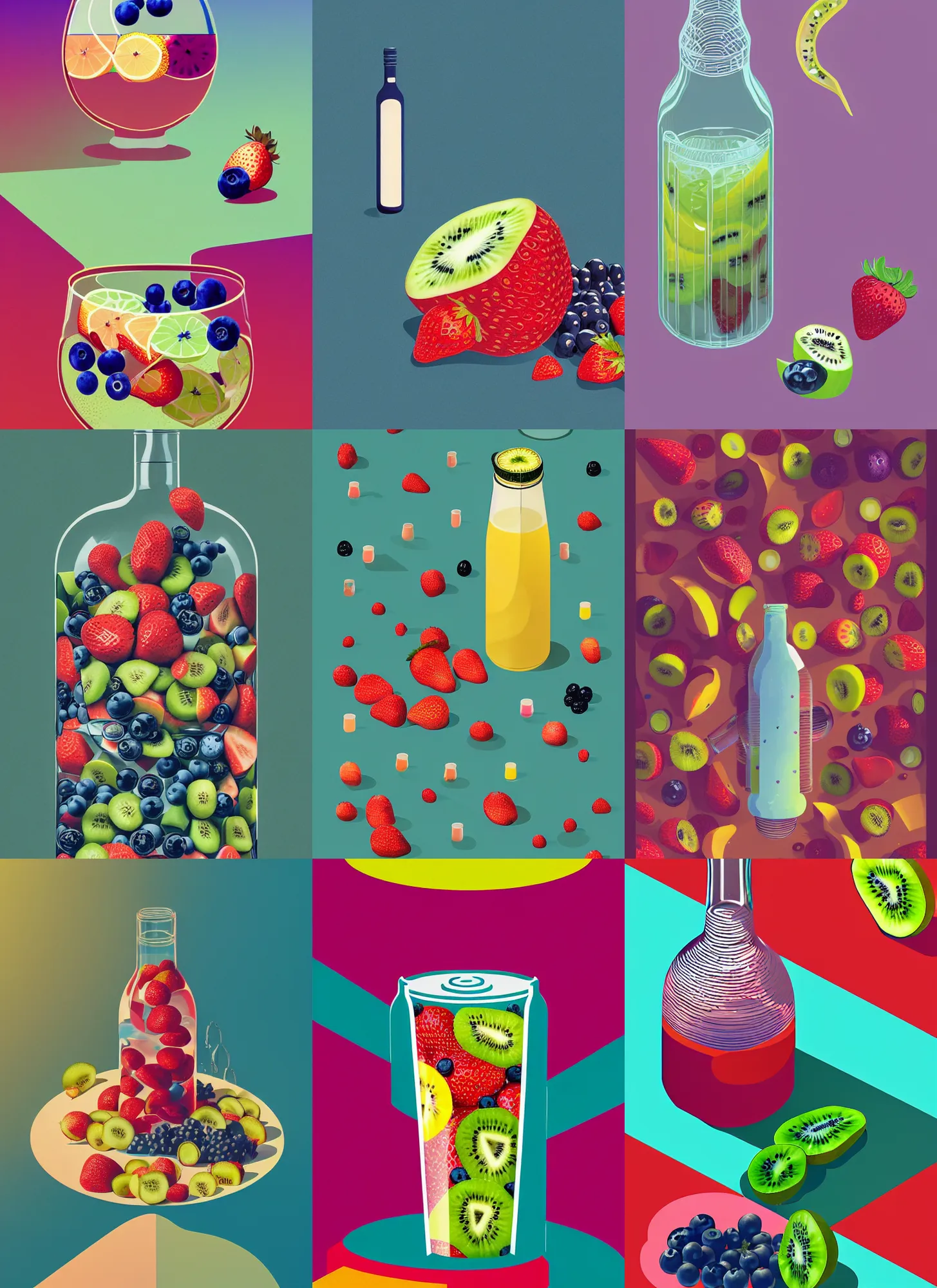 Prompt: ( ( dither ) ), editorial illustration strawberries blueberries sliced kiwi sliced lemon inside a clear drinking bottle, isometric, modern art deco, ( ( mads berg ) ), victo ngai, detailed, dynamic composition, wide angle, matte print, unreal engine, film grain