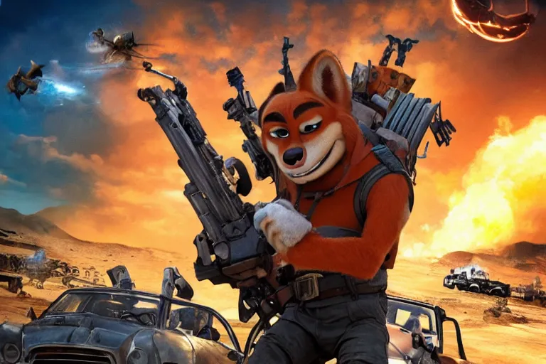 Image similar to nick wilde, heavily armed and armored facing down armageddon in a dark and gritty reboot from the makers of mad max : fury road : witness me