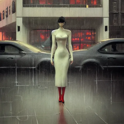 Prompt: detailed portrait of an elegant graceful yet lonely robot, electronic billboards, tech noir, wet reflections, atmospheric, ambient, livia prima, greg rutkowski, edward hopper, pj crook