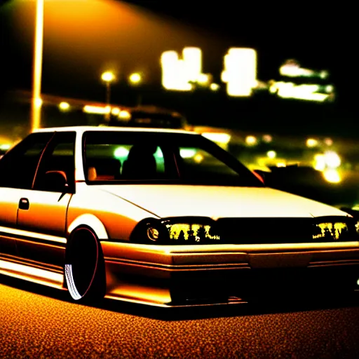 Image similar to a car JZX90 turbo drift at illegal car meet, Chiba prefecture, city midnight mist lights, cinematic color, photorealistic, highly detailed, work wheels, 200MM