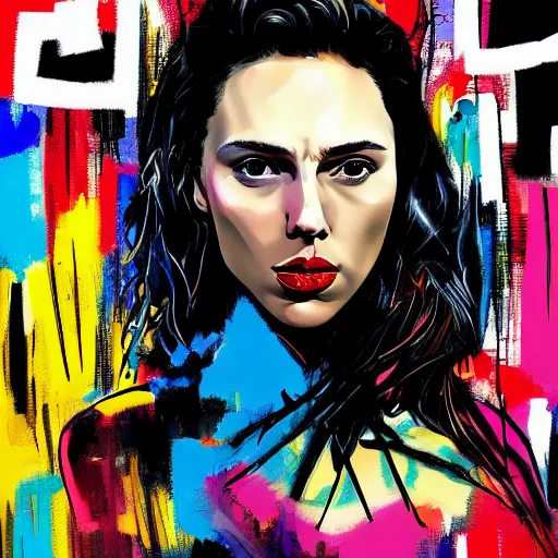 Prompt: colorful sketch, ultra detailed, fashion, magic, beautiful woman, appearance of gal gadot love scarlett johansson, surreal decorations, in style of jean - michel basquiat, trending on artstation