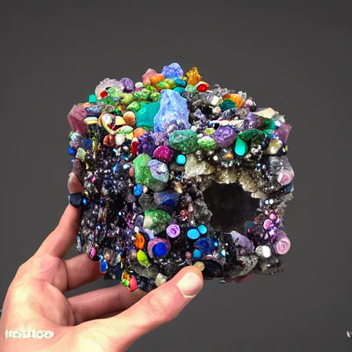 Image similar to midjourney art of a cluster of colorful gems and crystals on a black background, inside of a geode crystal cave by damien hirst and maria fortuny, featured on zbrush central, crystal cubism, made of crystals, iridescent, tesseract