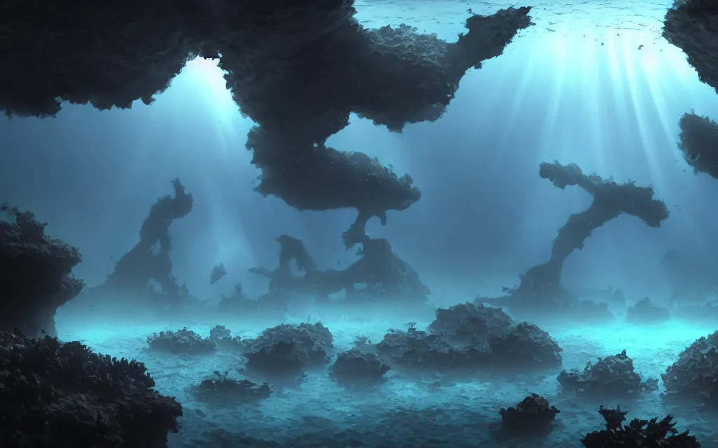 Image similar to wide shot, submerged pre - incan temple, dark, grenada underwater sculpture park, bubbles, abyss, stylized, anime style mixed with fujifilm, detailed gouache paintings, crepuscular rays, dark, murky, foggy, atmospheric, artstation, cgsociety, octane render, cgi, unreal engine 5, denoise, cinematic masterpiece