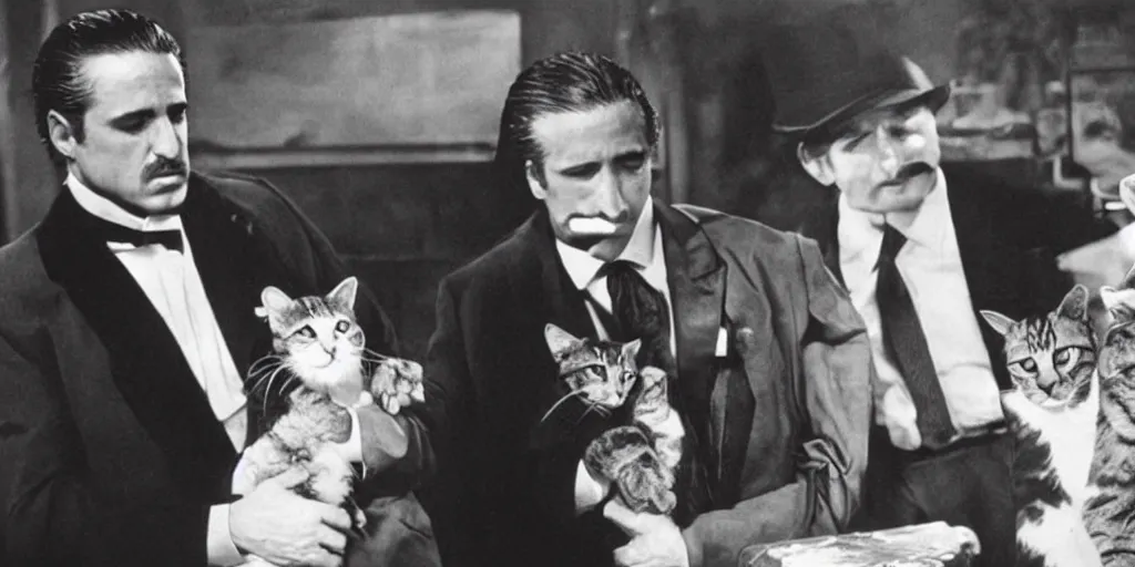Prompt: a still from the movie The Godfather but with cats instead