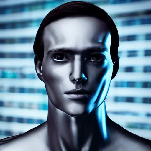 Image similar to “a realistic detailed photo of a guy who is an attractive humanoid who is half robot and half humanoid, who is a male android, News reporter Anthony Conn, shiny skin, posing like a statue, blank stare, reporting the news, on display, sparks coming out of his neck”