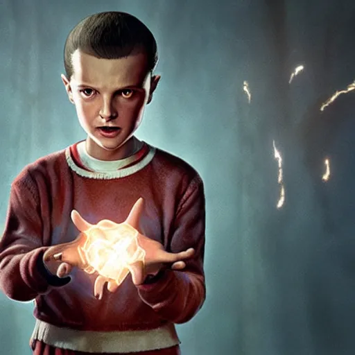 Image similar to Concept art, Eleven from 'Stranger Things' Season 3 (2019) conjuring a magical fireball in her hand