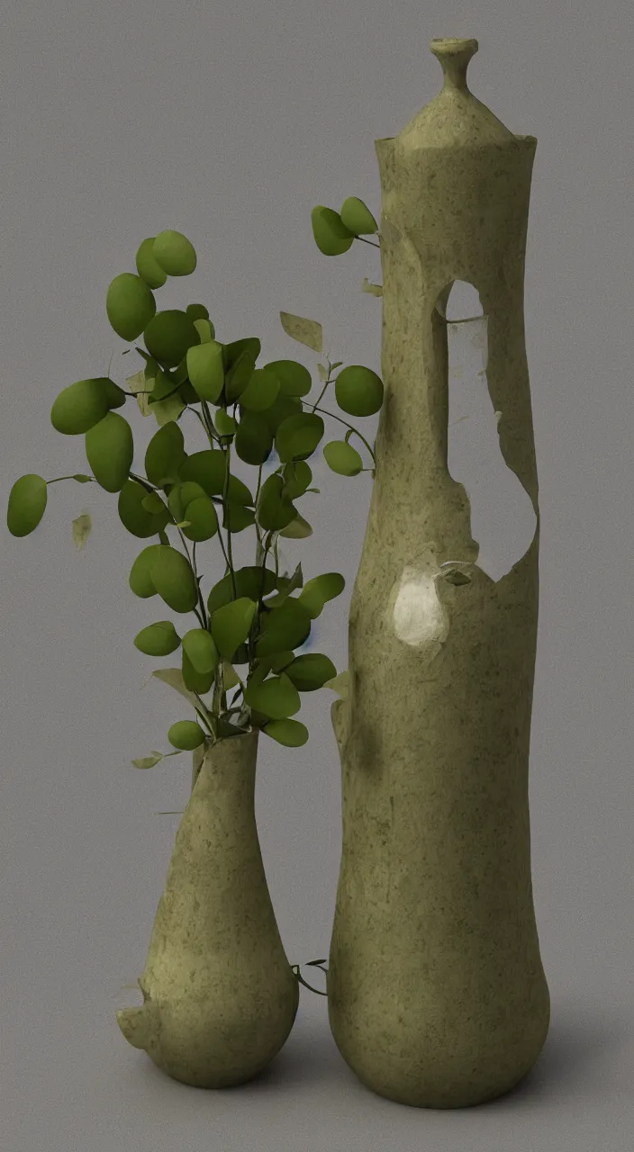 Prompt: a ceramic still distilling eucalyptus into green oil, amphora, vat, alchemical still, 3 d render, atmospheric