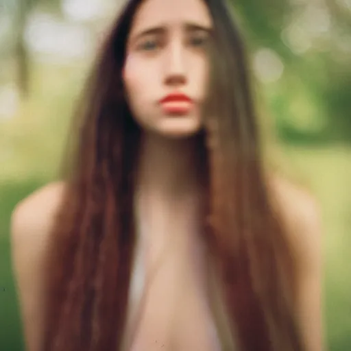 Image similar to a hyper realistic portrait photography of a woman with long hair. agfa vista 4 0 0 film. detailed. depth of field. cinematic. lens flare. grainy film. warm light.