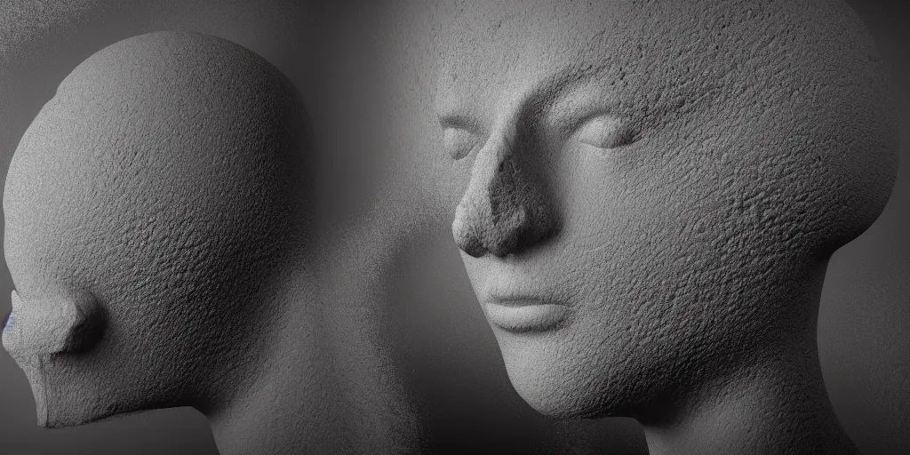 Image similar to Volumetric noise displacement oozing from a clay human's head, dark, dramatic lighting, 8k, Arnold renderer, subsurface scattering