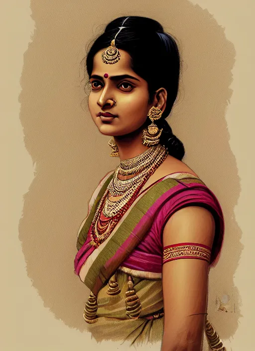 Image similar to 3 / 4 view of a portrait of an indian woman in victorian clothing, confident pose, intricate, elegant, sharp focus, illustration, highly detailed, concept art, matte, trending on artstation, anime, art by james jean and artgerm and brian despain and alberto mielgo, greg rutkowski, wlop, ilya kuvshinov, strong strokes