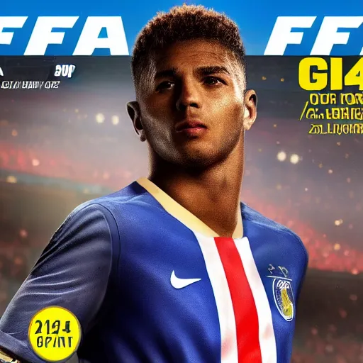 Prompt: the next football superstar from 2034 on the cover of the Fifa game of that very year, high quality very detailed 4k