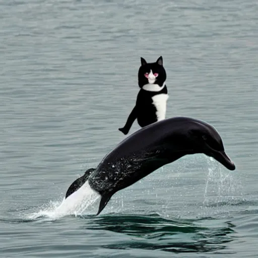 Image similar to “ tuxedo cat riding a dolphin ”