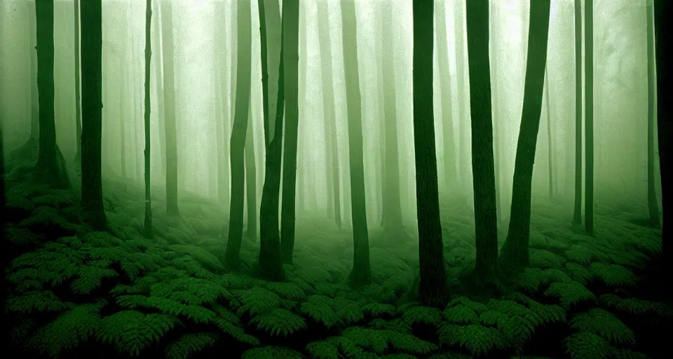 Prompt: deep inside the forest, fog, mist, moss, ferns, by ansel adams, polaroid