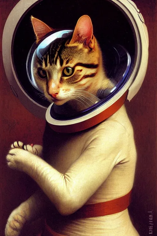 Image similar to portrait of a cat astronaut with armor and helmet, by bouguereau