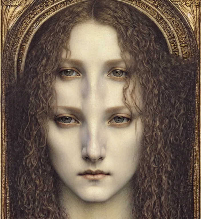 Image similar to detailed realistic beautiful young medieval queen face portrait by jean delville, gustave dore and marco mazzoni, art nouveau, symbolist, visionary, gothic, pre - raphaelite. horizontal symmetry