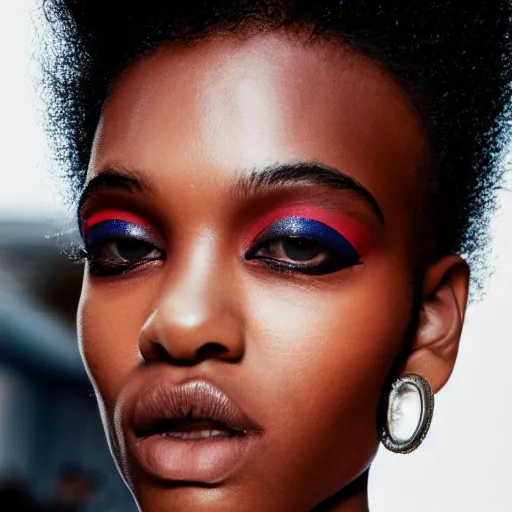 Prompt: close up of head of a black fashion model with large afro at the edge of active etna vulcan, official valentino editorial, highly detailed