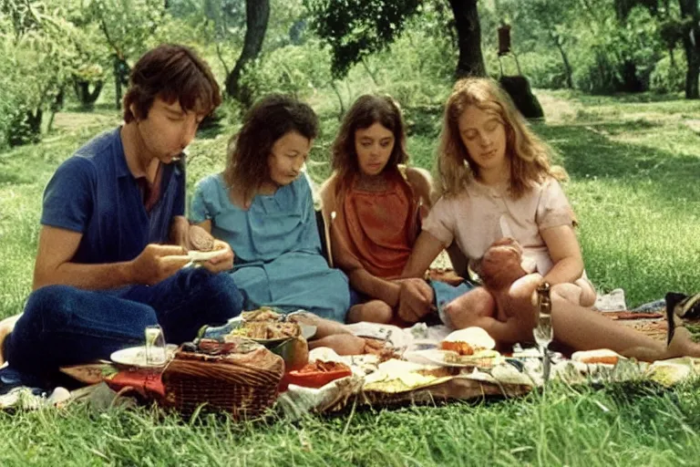 Image similar to An Utopia : A family composed of two women from different etnicity and a genderless child, are having a Picnic and reading philosophy by Eric Rohmer, close-up, 8K, award winning movie, 16mm, very beautiful, stunning, calm atmosphere, warm