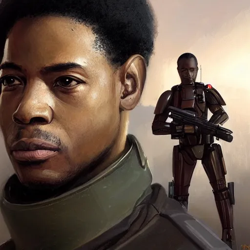 Image similar to portrait of a man by Greg Rutkowski, the grand admiral of the galactic alliance, a black man in his 20s, short hair, impeccable military composure, wearing the tactical gear of the galactic alliance, Star Wars Expanded Universe, highly detailed portrait, digital painting, artstation, concept art, smooth, sharp foccus ilustration, Artstation HQ