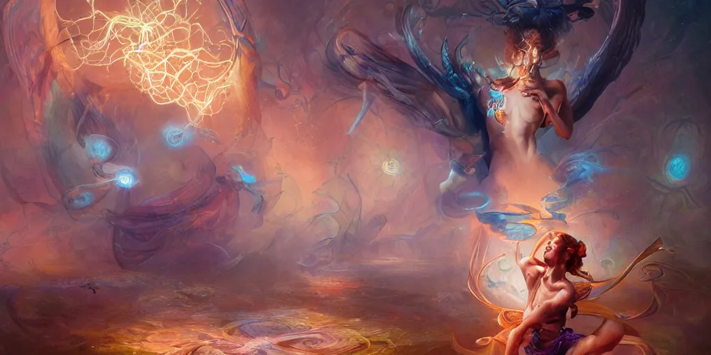 Image similar to beautiful model god of psychedelics dancing in a vortex, diamonds, angel, fantasy, dramatic lighting, highly detailed, digital painting, holding electricity, magic the gathering, hyper detailed, 3 d render, hyper realistic detailed portrait, peter mohrbacher, wlop, ruan jia