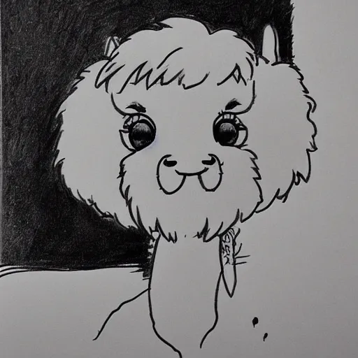 Image similar to simple caricature drawing of alpaca, black and white manga panel, expressive, art by Heraldo Ortega