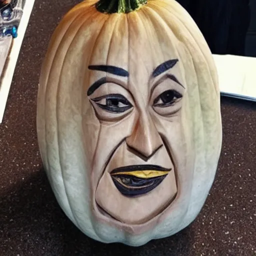 Image similar to a [ gourd ] carved shaped to look like ( amber heard face ) hybrid intercross