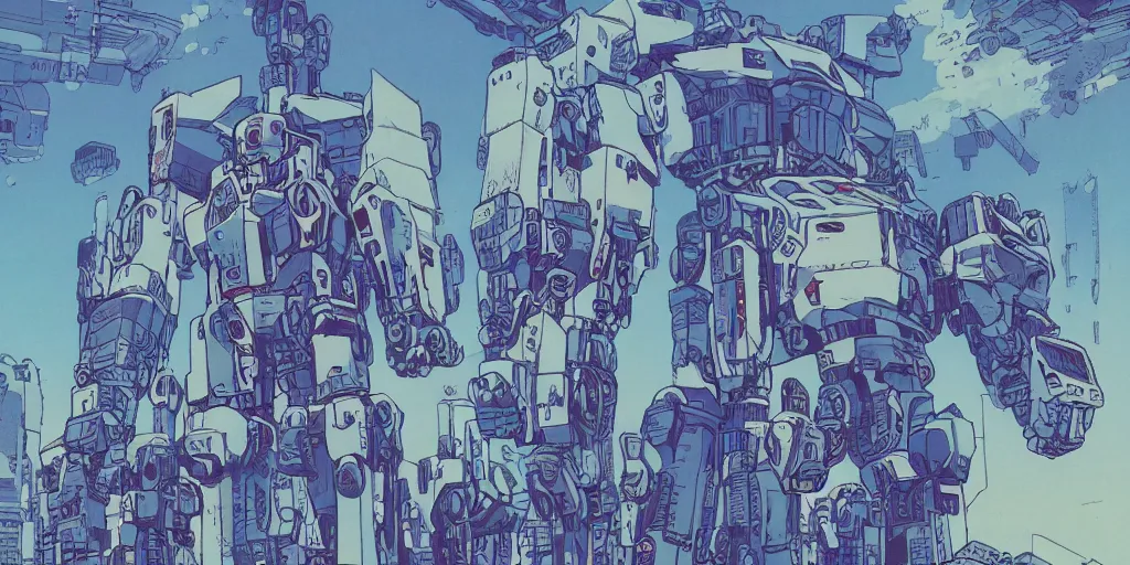 Image similar to risograph, gigantic mecha faces, no artifacts, mecha faces, a lot of exotic mecha faces, big human mecha faces everywhere, by satoshi kon and moebius, matte blue colors, surreal design, crispy, super - detailed, a lot of tiny details, no blur, 4 k, fullshot