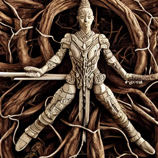 Image similar to warrior with surface of tree - bark, wearing stone wood vines antlers armor, holding laser rifle, lotus position, meditating, highly detailed, dramatic lighting, cinematic, sci - fi, hyperrealistic, detailed