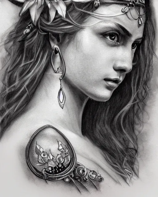 Image similar to realism tattoo sketch of anna jagodzinska as a beautiful greek goddess aphrodite with piercing eyes wearing a laurel wreath and triangle earrings, in the style of greg rutkowski, amazing detail