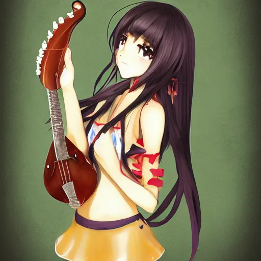 Image similar to anime girl with long dark hair playing a mandolin, trending on artstation