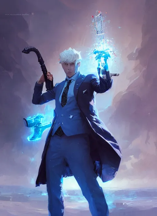 Image similar to blonde man in a blue suit with medals on it wielding a sword and pistol, fantasy, digital painting, d & d, character by artgerm and ruan jia, landscape by greg rutkowski, volumetric light, intricate, sharp, focus, bloom, illustration, highly detailed, concept art, masterpiece