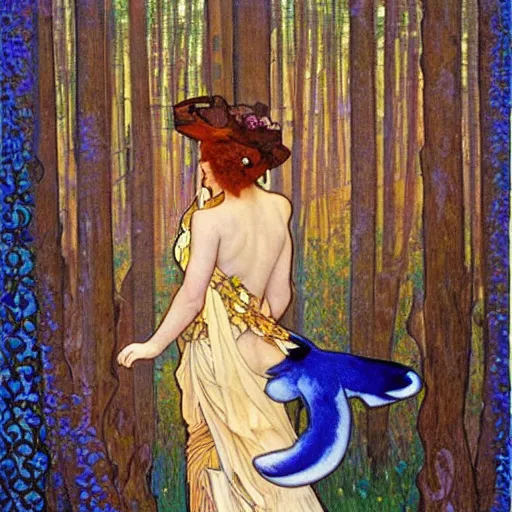 Image similar to landscape art nouveau painting of an beautiful girl dressed as a farmer and her blue fox in the forest, by alphonse mucha and gustav klimt and antoni gaudi, masterpiece,, warm shades of blue, silver, orange, gold, and pink, oil painting, high resolution, very detailed, oil on canvas, trending on artstation