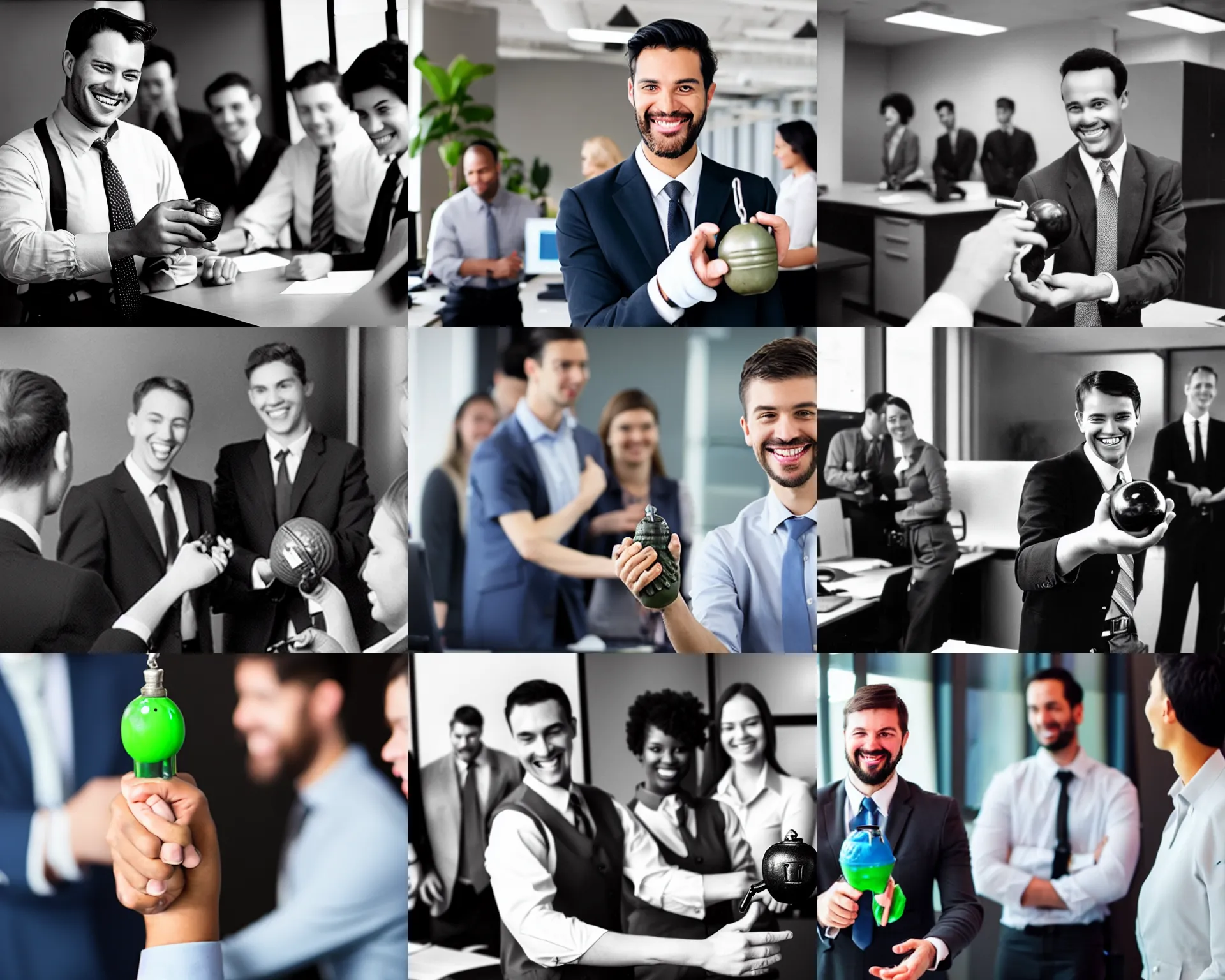 Prompt: photograph of an office worker smiling and holding an hand grenade at work, his coworkers are staring at him in fear
