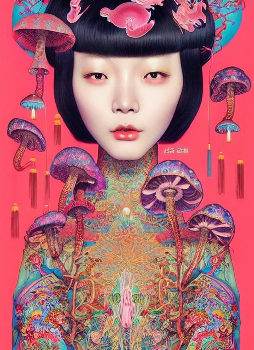 Image similar to pretty chinese model with hallucination mushroom : : by martine johanna and simon stalenhag and chie yoshii and casey weldon and wlop : : ornate, dynamic, particulate, rich colors, intricate, elegant, highly detailed, vogue, harper's bazaar art, fashion magazine, smooth, sharp focus,