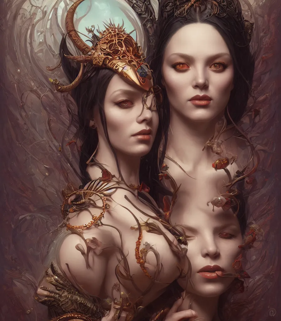 Prompt: the portrait of the absurdly beautiful woman, octane render, symmetrical face, maximalist details, octane render, trending in cgsociety, a beautiful painting by gerald brom, peter mohrbacher, sophie anderson